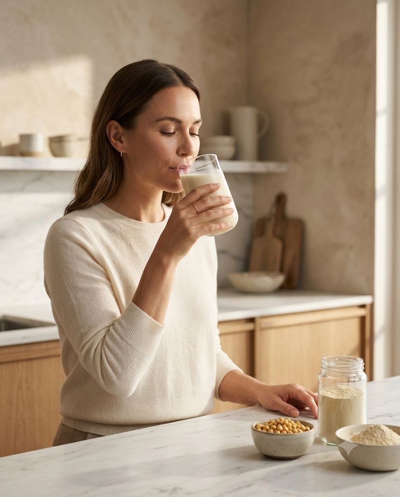 Woman drinking a plant-based protein smoothie in a bright kitchen with soy beans and protein powder on the counter